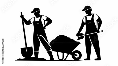 Two construction workers with shovels and a wheelbarrow filled with dirt for manual labor tasks