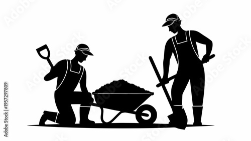 Two construction workers with a shovel and a wheelbarrow filled with dirt for manual labor tasks