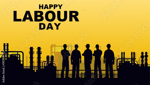 Silhouettes of industrial workers standing in front of a factory plant for happy labour day event