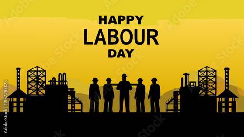Silhouette of a group of industrial workers standing in front of a factory for happy labour day