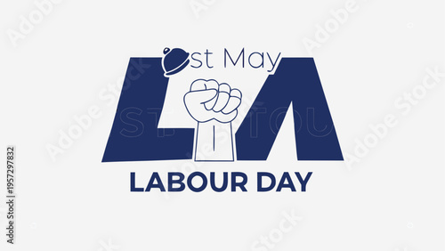 Graphic design celebrating 1st may labour day with a raised fist symbol and minimalist lettering