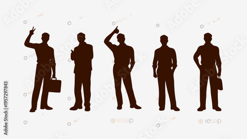 A collection of five different business men silhouettes standing in various professional poses