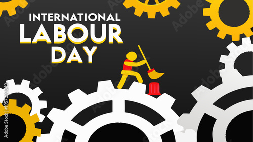 International labour day graphic featuring a worker silhouette and mechanical industrial gears
