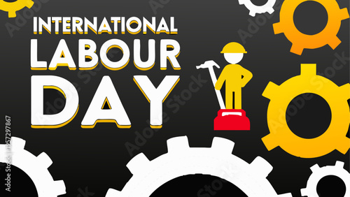 Graphic illustration for international labour day with a construction worker and mechanical gears