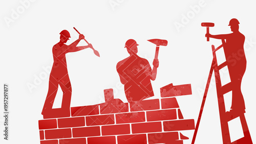 Red silhouettes of construction workers building a brick wall with tools and a wooden step ladder