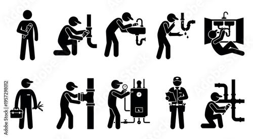 A set of black and white silhouette icons depicting plumbers performing various tasks, including pipe repair, sink installation, and water heater maintenance.