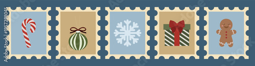 Christmas Stamps on blue background. Holiday. Vector Illustration