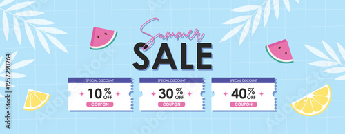 Summer Special Discount Coupon with Tropical Fruits and Leaves, Season summer Sale coupon. Sale flat template Tickets. For sale coupon. Minimalist pink coupon.