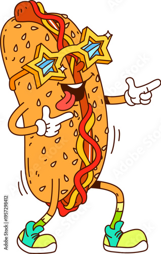 Cartoon retro groovy fast food hot dog character. Isolated vector tasty hotdog fastfood personage in cool vintage sneakers with funky, hippie vibe, featuring star shaped sunglasses and sauce drizzles