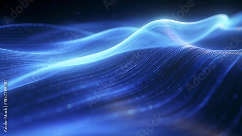 On playback blue ribbons rolling right across starfield, pulsing crests showing technology design