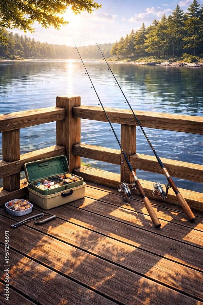 Fototapeta premium A semi-realistic 3D scene of a wooden fishing dock with fishing rods leaning against a railing and a small tackle box nearby. With wood plank textures, metallic reel reflections, and calm water