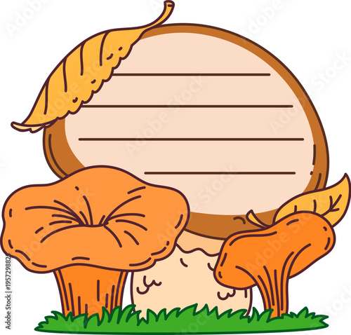 Cartoon forest chanterelle mushrooms with autumn leaves kids memo frame. Vector cute fungus plant on grass with space for writing. Woodland blank sticker for seasonal messages and children writing