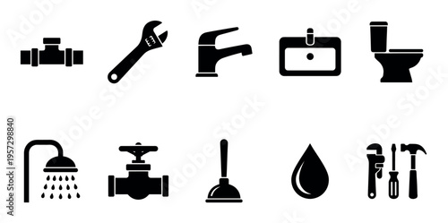 A collection of black flat icons represents plumbing tools and bathroom fixtures, including a wrench, faucet, sink, toilet, and shower.