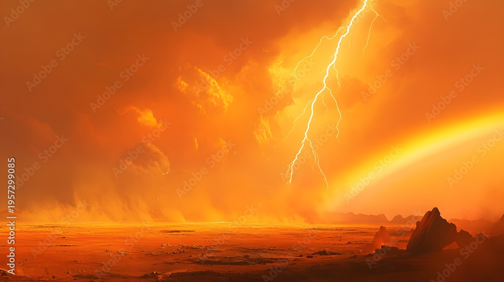 Fototapeta premium Alien Landscape with Lightning and Rainbow planet mars