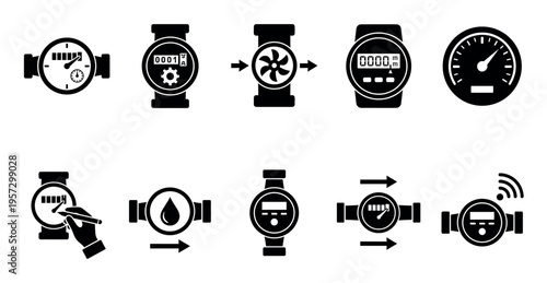 A collection of black icons representing various meters for water, gas, or electricity, showing readings, settings, and wireless connectivity for utility services.