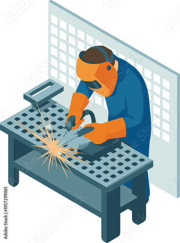 Welder working with metal using welding torch at workshop table wearing protective mask and gloves industrial fabrication process illustration
