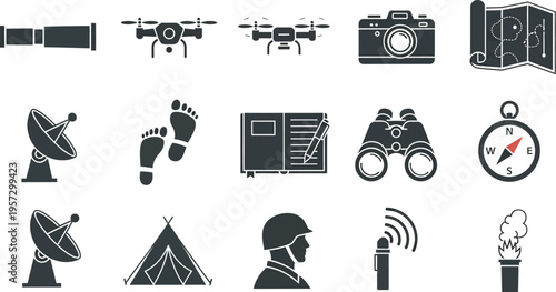 Collection of black silhouette icons representing exploration navigation surveillance technology and outdoor adventure gear