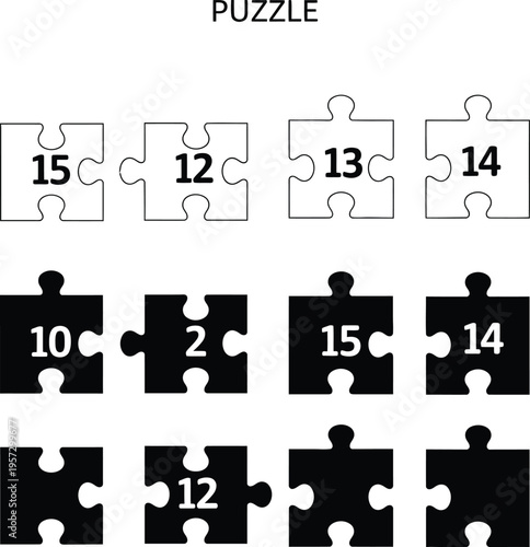 Black and white puzzle pieces with numbers 2 10 12 14 15 jigsaw puzzle