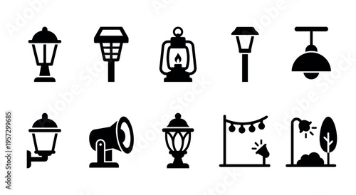 Collection of ten diverse black silhouette icons representing various outdoor lighting fixtures and garden illumination styles.