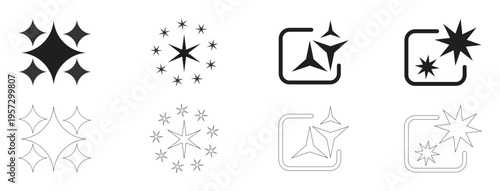 Different sparkles, stars and bursts icons set.  black star set. shine icons vector set of different black sparkles icons. vector illustration
