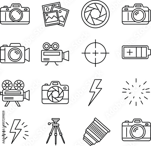 Collection of black line for and videography equipment and concepts camera lens tripod