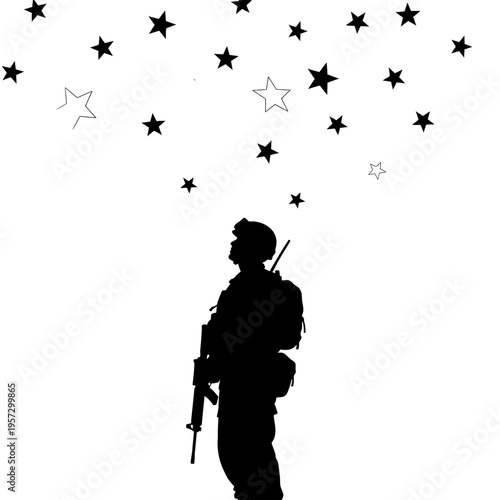 Silhouette of a Soldier Looking Up at Stars.