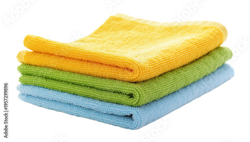 Colorful stack of soft microfiber cleaning cloths for home, kitchen, and bathroom chores