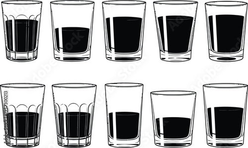 Collection of ten black and white line glasses filled with dark liquid drink beverage