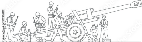 A group of military soldiers in uniform are meticulously working together to load and operate a large powerful artillery cannon in a precise synchronized operation.