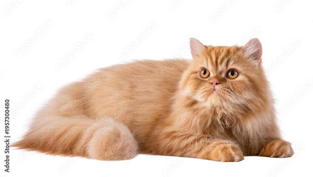 Fototapeta premium Adorable fluffy ginger Persian cat resting calmly, with expressive golden eyes and soft fur