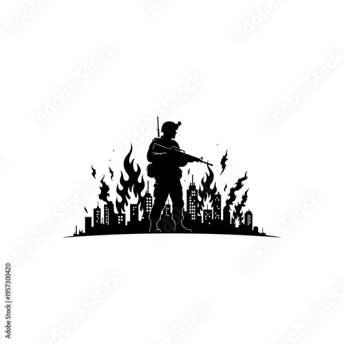 Silhouette of a Soldier Standing Guard in a Burning City.