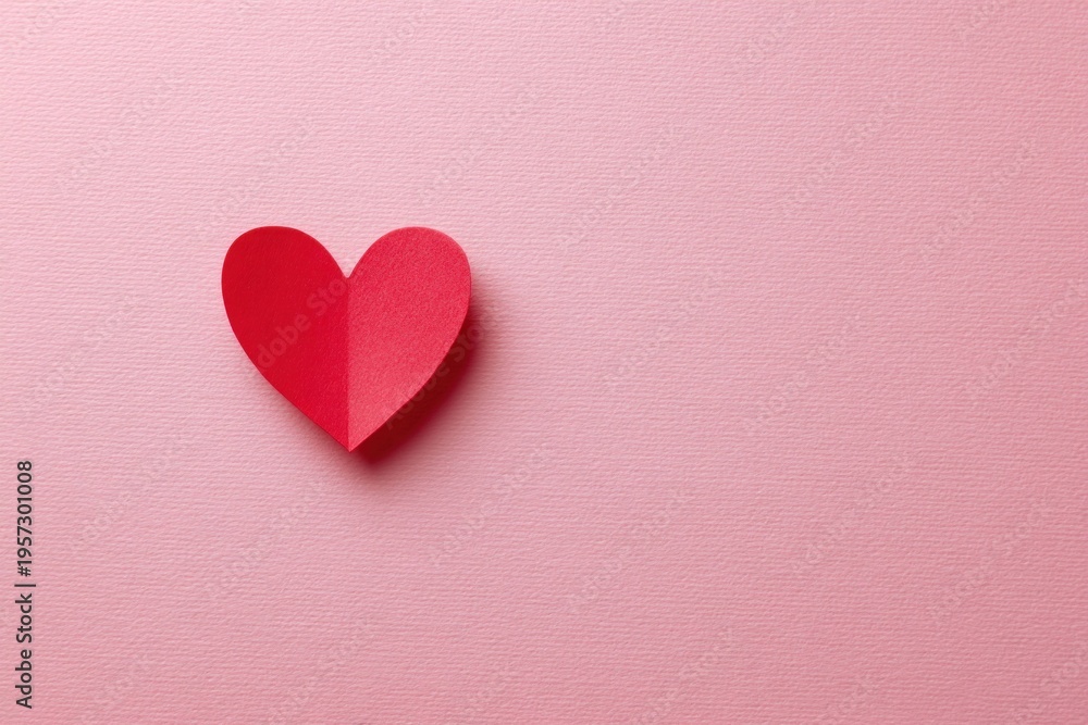 Obraz premium Red paper heart on pink textured background symbolizing love, romance, affection, and Valentine's Day concept with minimalistic style and copy space for text or design.