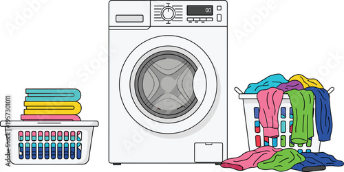 Washing machine with laundry baskets and colorful clothes household laundry day cleaning concept home appliance vector illustration