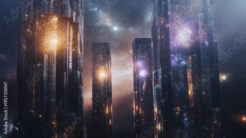 Majestic, towering structures emitting cosmic light, amidst a starry nebula