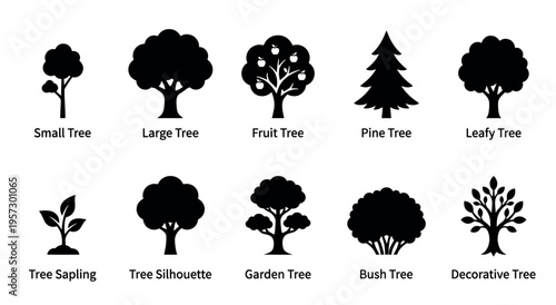 A collection of black tree silhouettes on a white background, showcasing various tree types from saplings to fruit trees and pine.