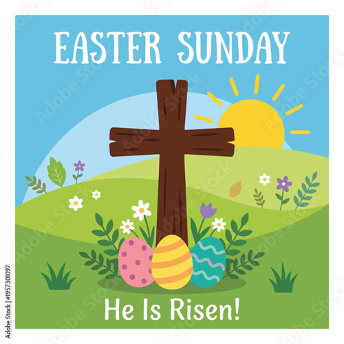 Easter Sunday Vector Illustration with Holy Cross and Colorful Eggs