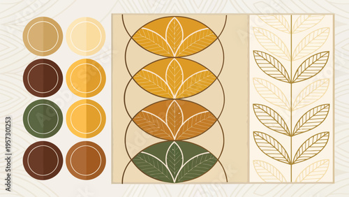 Balanced shapes using brown mustard olive and green colors in a graphic design