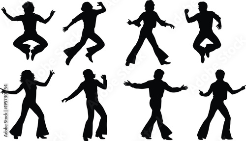Disco dance silhouettes collection, retro dancers jumping and grooving poses, vintage party dance moves vector set isolated