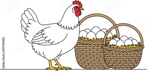 Farm chicken standing beside baskets full of eggs rustic poultry farming concept hen with fresh eggs vector illustration isolated