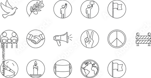 Collection of black and white line art icons representing concepts of peace unity protest and social justice movements