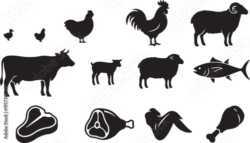 Collection of animal silhouettes for meat and food, including livestock and fish, chicken wing