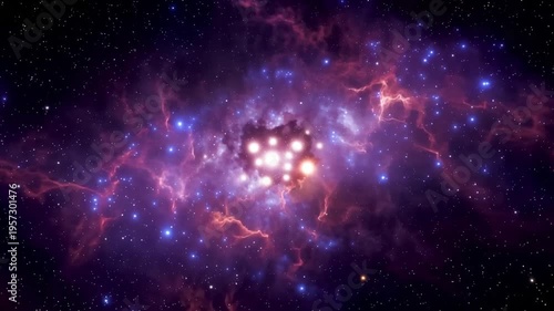 A vibrant nebula with bright core surrounded by red tendrils and scattered stars on a dark background