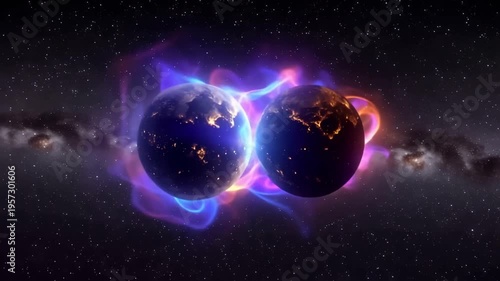Two celestial spheres within space, connected by energy patterns, surrounded by cosmic background