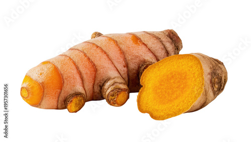 Fresh turmeric root with a sliced piece revealing the vibrant orange, healthy spice