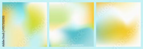 Soft pastel gradient backgrounds in blue, yellow and spring green colors with airy blurry texture. Fresh seasonal abstract backdrops for social media posts, covers, banners, posters and modern design