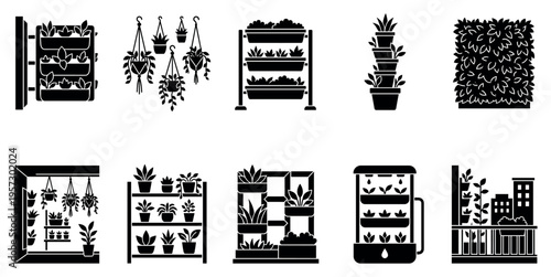 Collection of black and white vector icons illustrating various indoor and outdoor gardening setups including vertical planters, hanging pots, shelves, and a balcony garden.
