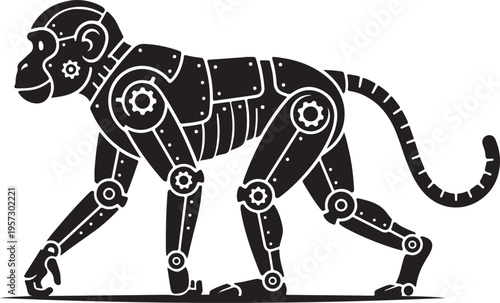 Steampunk mechanical monkey silhouette, intricate gears and joints, science fiction