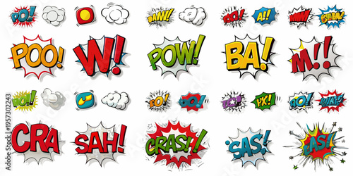 Collection of colorful comic book speech bubbles and sound effects