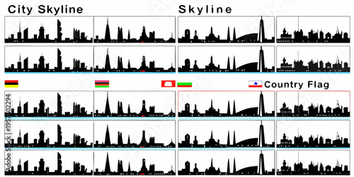Collage of international city skylines in black silhouette style