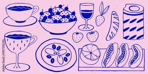 A colorful hand drawn still life featuring fruit drinks and pastries